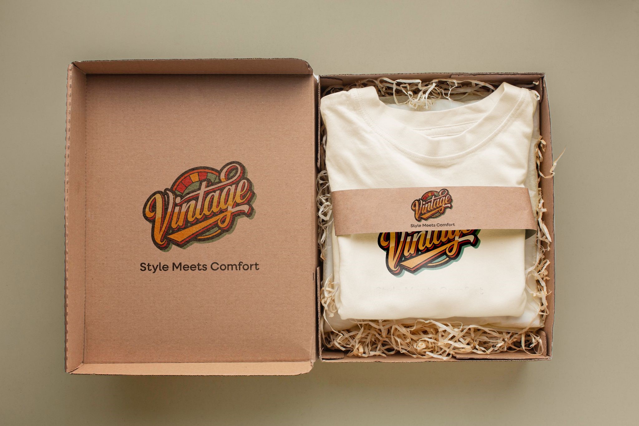 Custom printed branded t-shirt packaging, custom-printed on recyclable kraft card, featuring an eco-friendly product sleeve